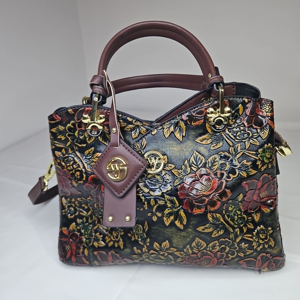 Floral Embossed Satchel with Gold Accents